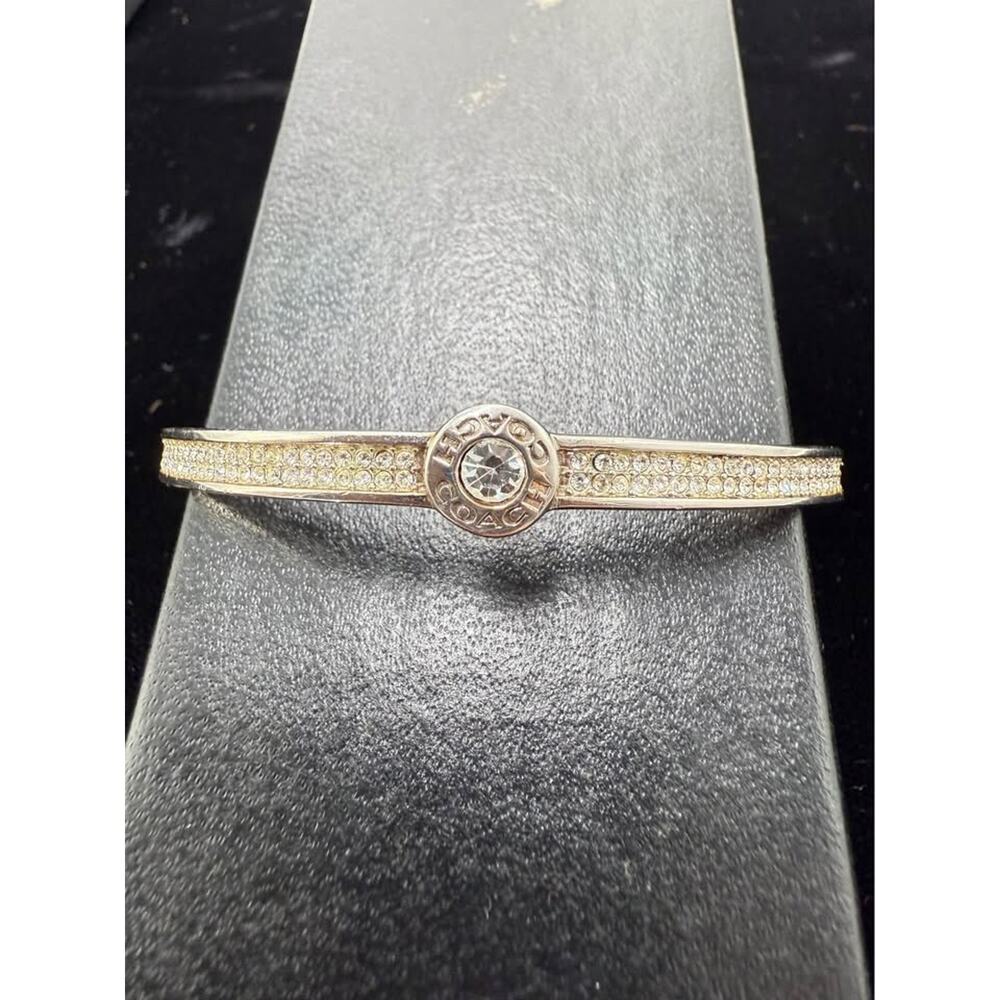 COACH Silver Open Circle Bangle Bracelet Cuff Adjustable MD Single Crystal